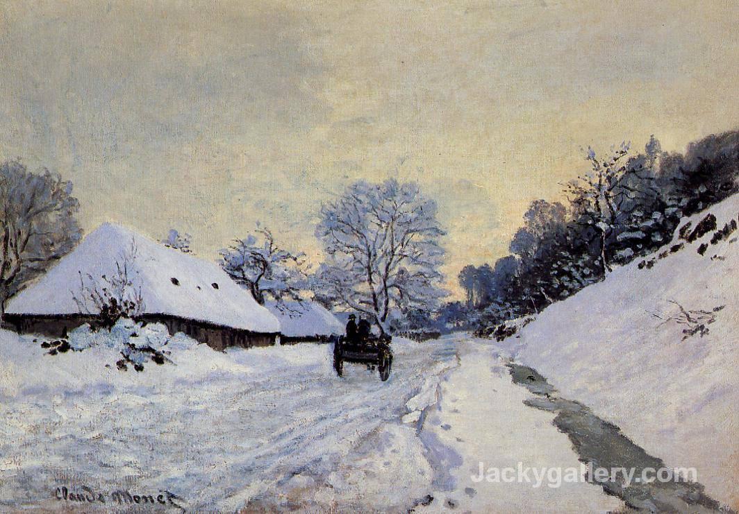 A cart on the snow covered road with saint simeon farm by Claude Monet paintings reproduction